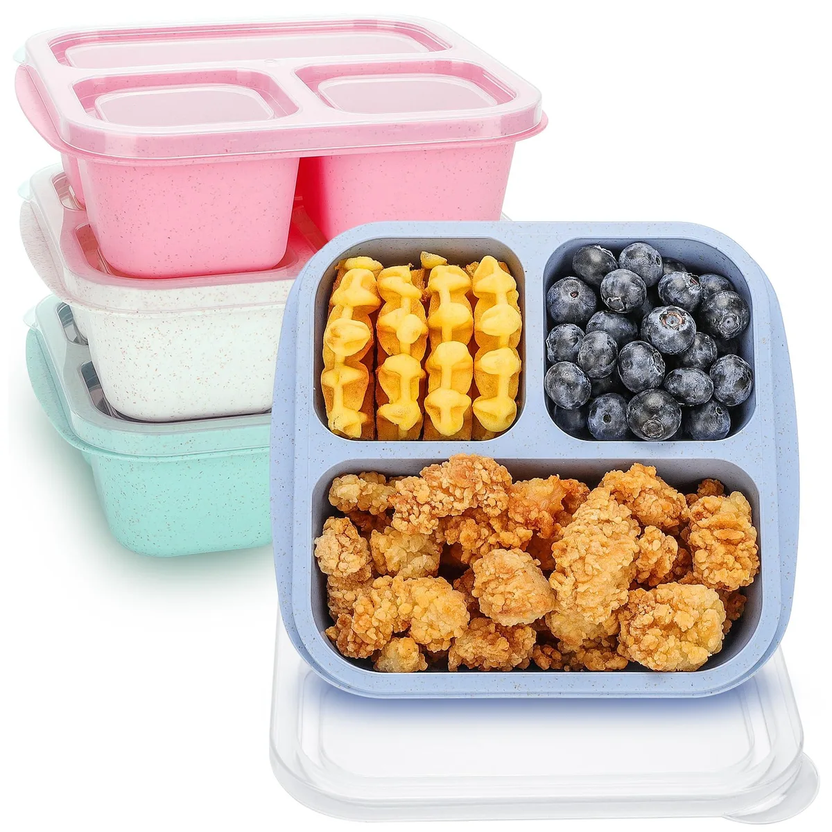 Four beige stackable bento boxes with transparent lids, three compartments each, 6.1 inch square by 2.2 inch deep