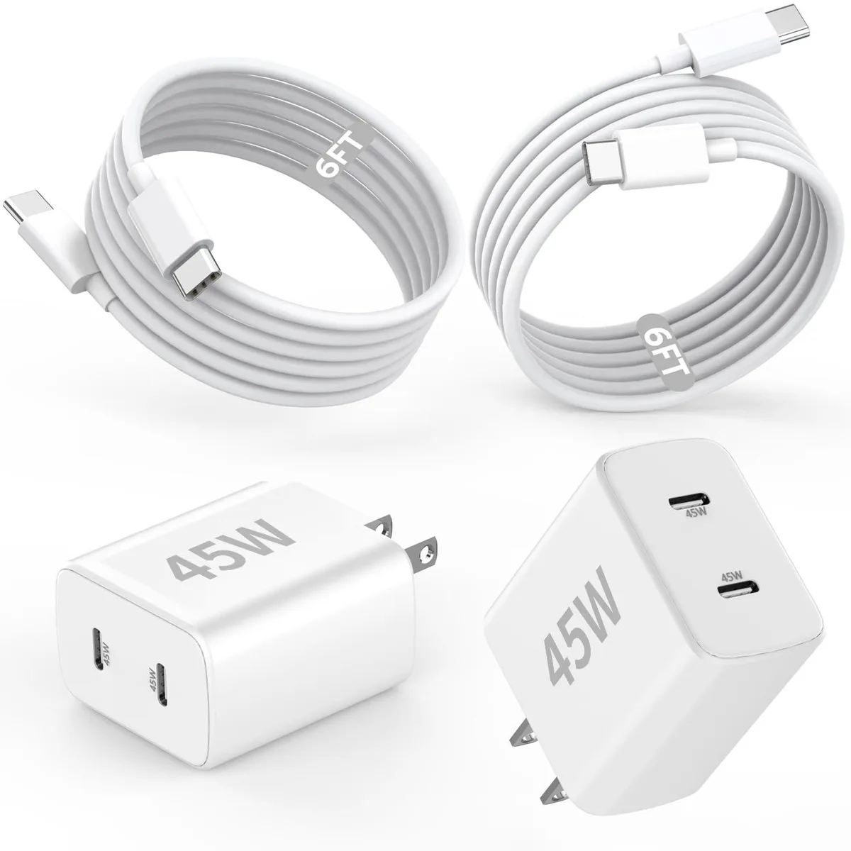 Two white 45W dual USB-C chargers with 6ft USB-C to USB-C cables