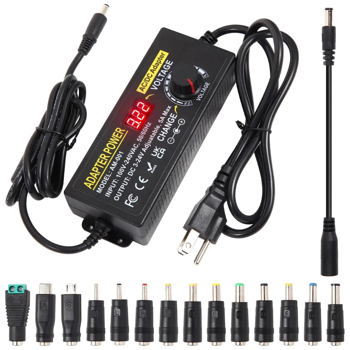Black rectangular AC to DC power adapter with LED display and multiple interchangeable tips