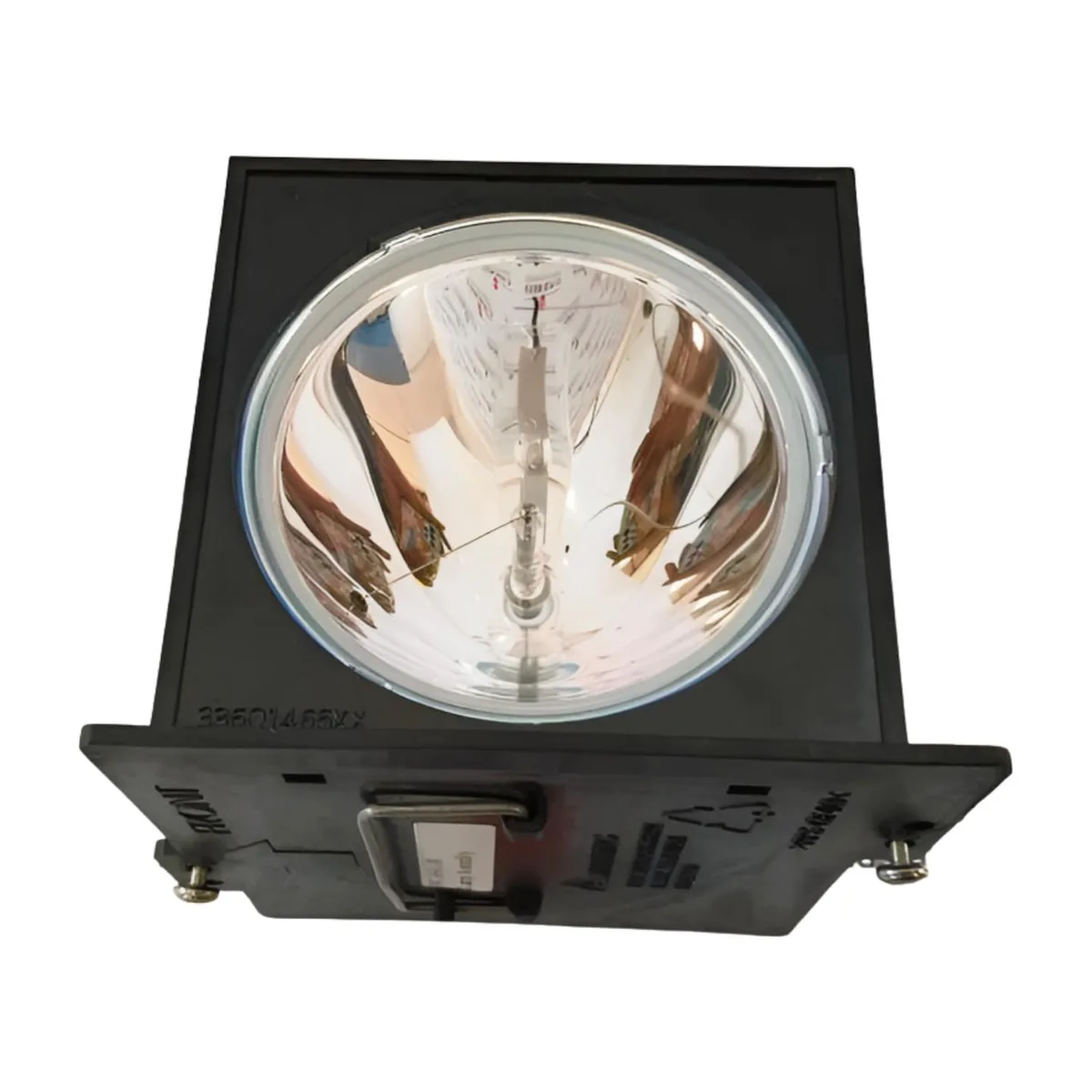 A rectangular lamp module in a black plastic housing with a silver metal bracket and a clear glass bulb visible inside