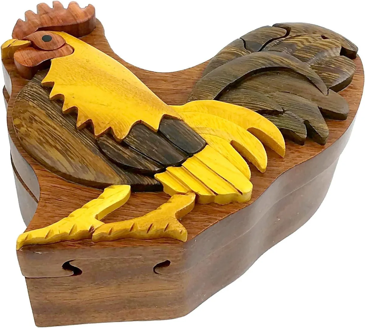 South Asian Handicrafts South Asian Handicrafts Rooster Wood Intarsia Puzzle Box hobby collectible — product photo
