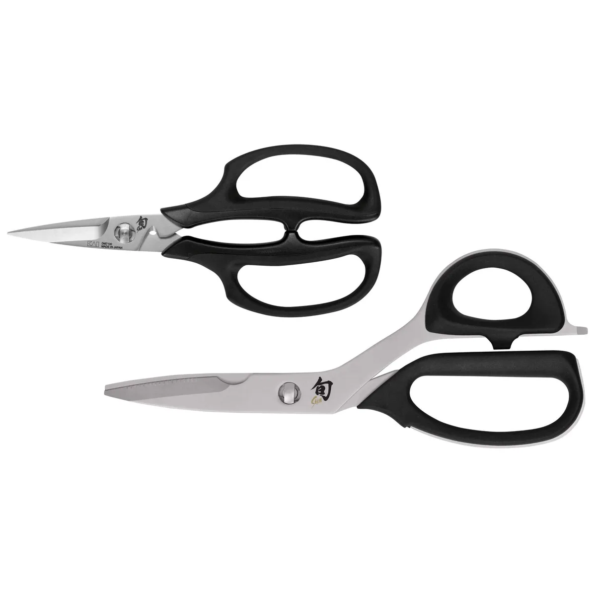 Two kitchen shears, brushed stainless steel blades, padded handles, 12 by 6.5 by 0.3 inches