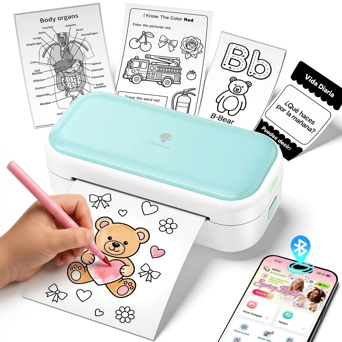Compact white thermal card printer with Bluetooth, 5.71 by 2.05 by 2.68 inches