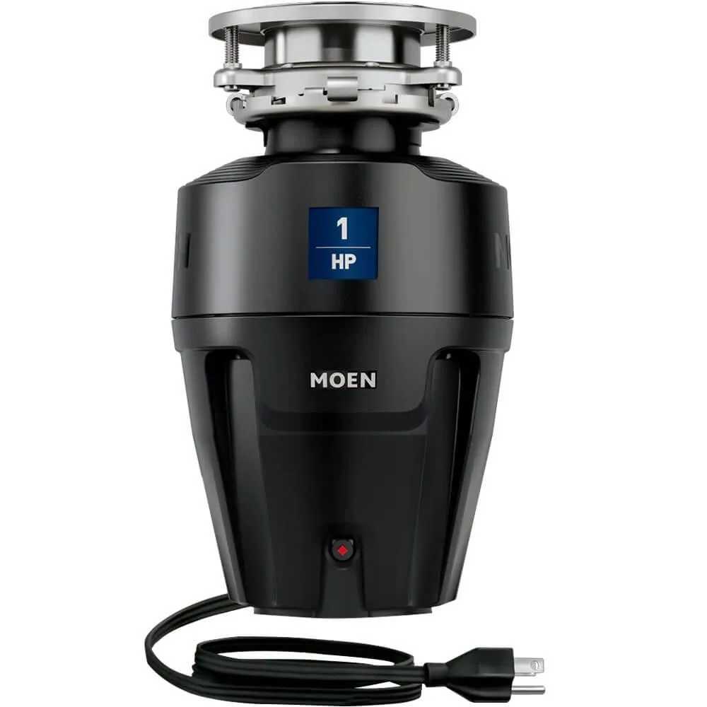 Cylindrical stainless garbage disposal with black top, corded, labeled Chef Series 1 HP