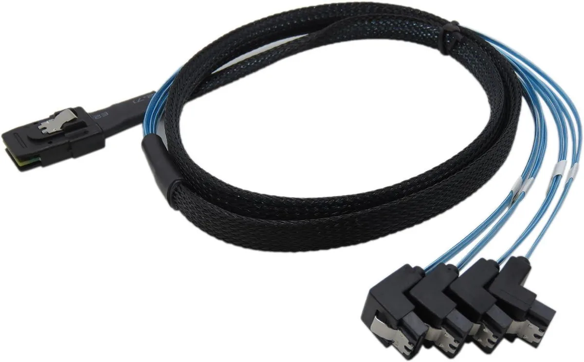 Blue Mini SAS SFF-8087 to four right-angle SATA connectors, 1 metre length