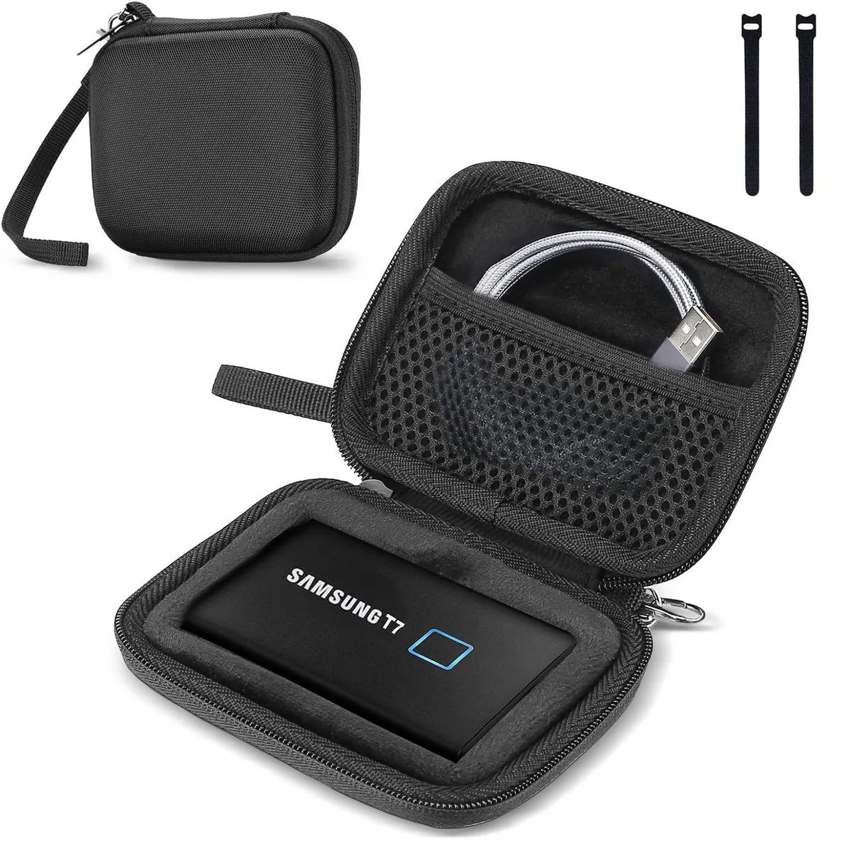 Black hard-shell EVA case with hand strap and mesh pocket for Samsung T7 SSD