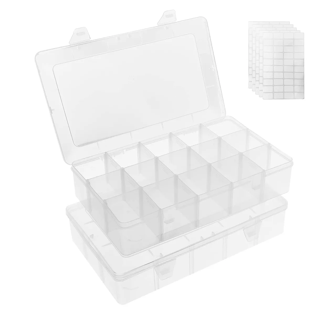 Four clear plastic organiser boxes with adjustable dividers