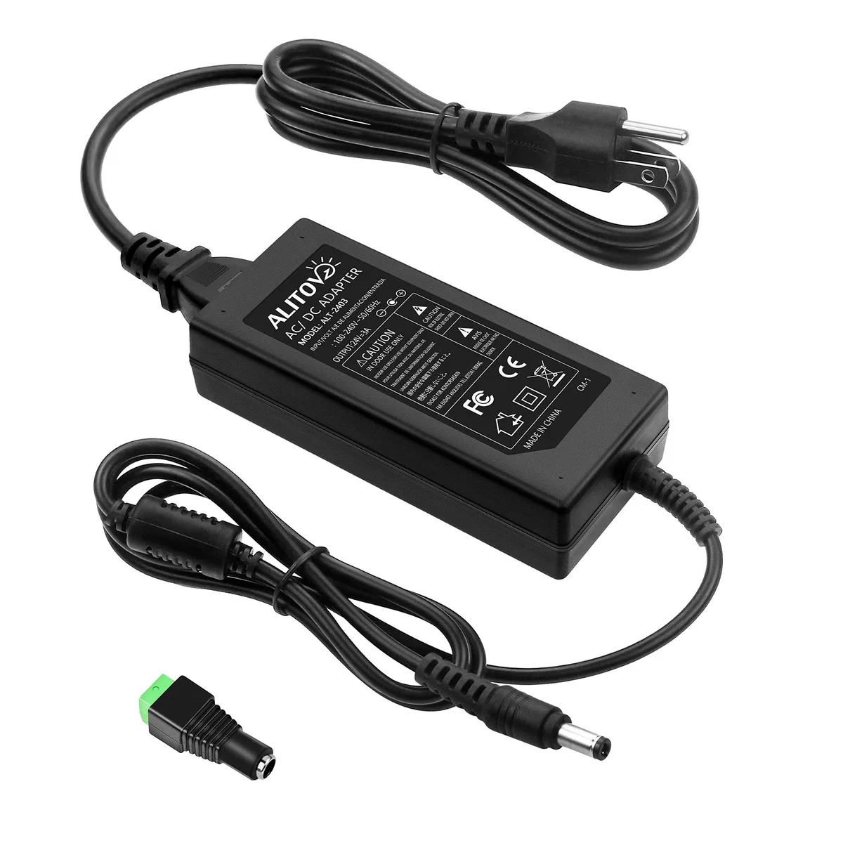 Black rectangular AC-DC power adapter with UK three-pin plug, 120 cm mains lead, 110 cm DC cable ending in 5.5 mm barrel jack