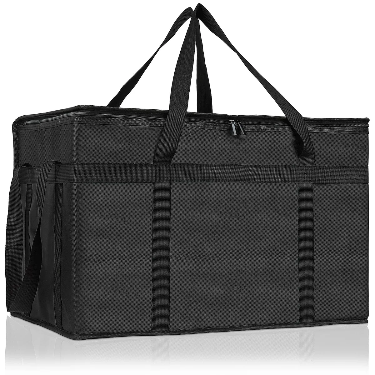Black insulated delivery bag with reinforced handles and dual zippers, folded flat showing striped pattern and rectangular shape