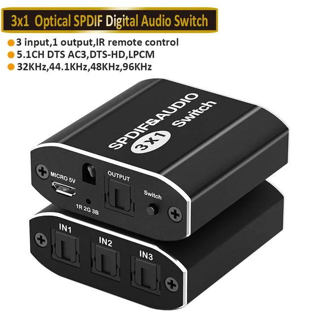 Small black rectangular box with three optical inputs one output and IR remote