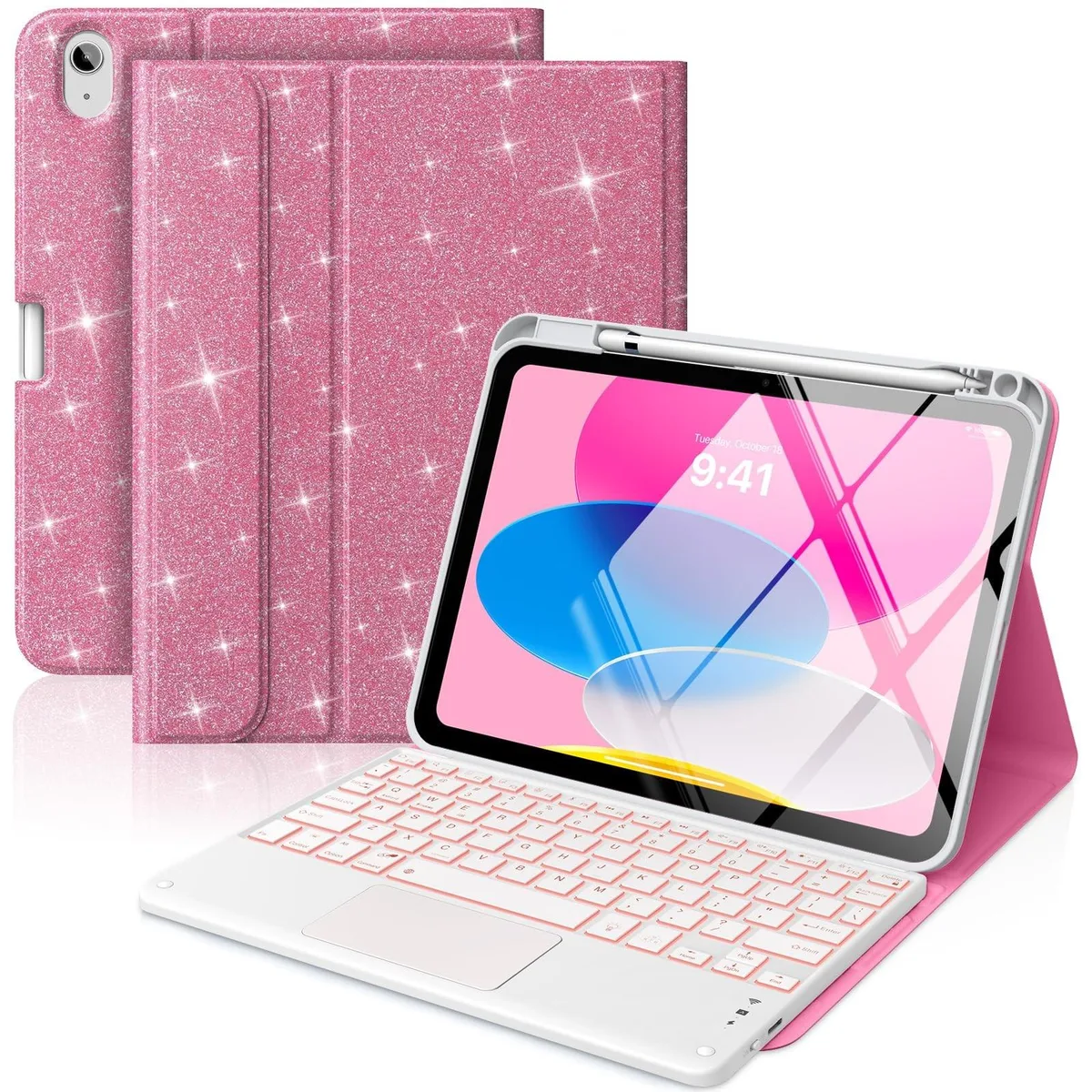Moko Moko A3354 iPad 10/11 Gen 2 in 1 accessory Pencil Holder 7-Color Keyboard Shiny Pink — product photo