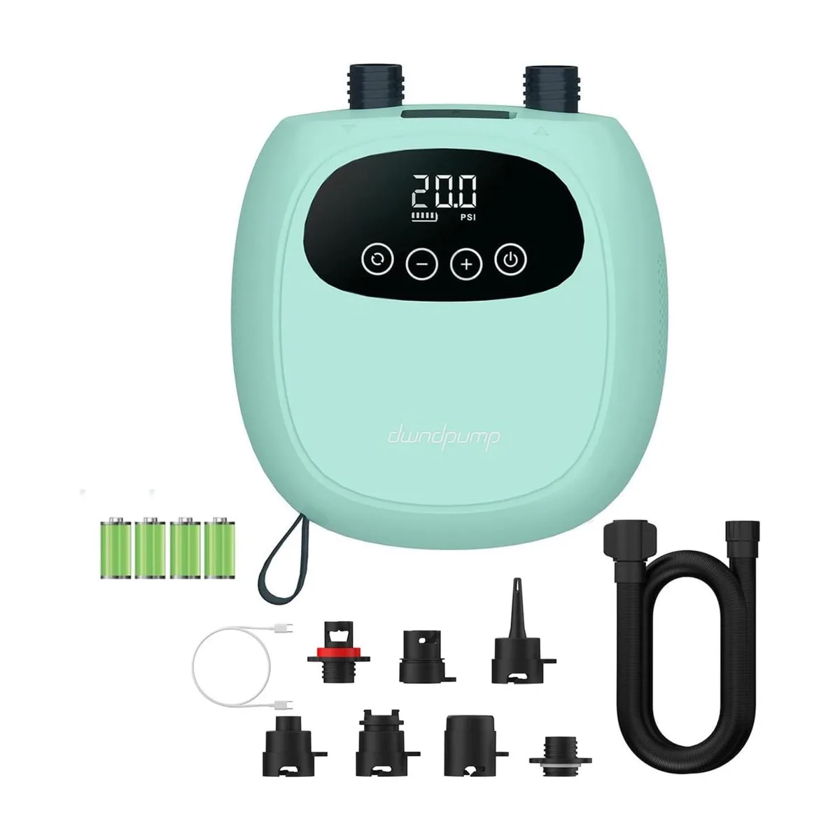 Compact grey plastic electric pump with handle, hose and valve adapters