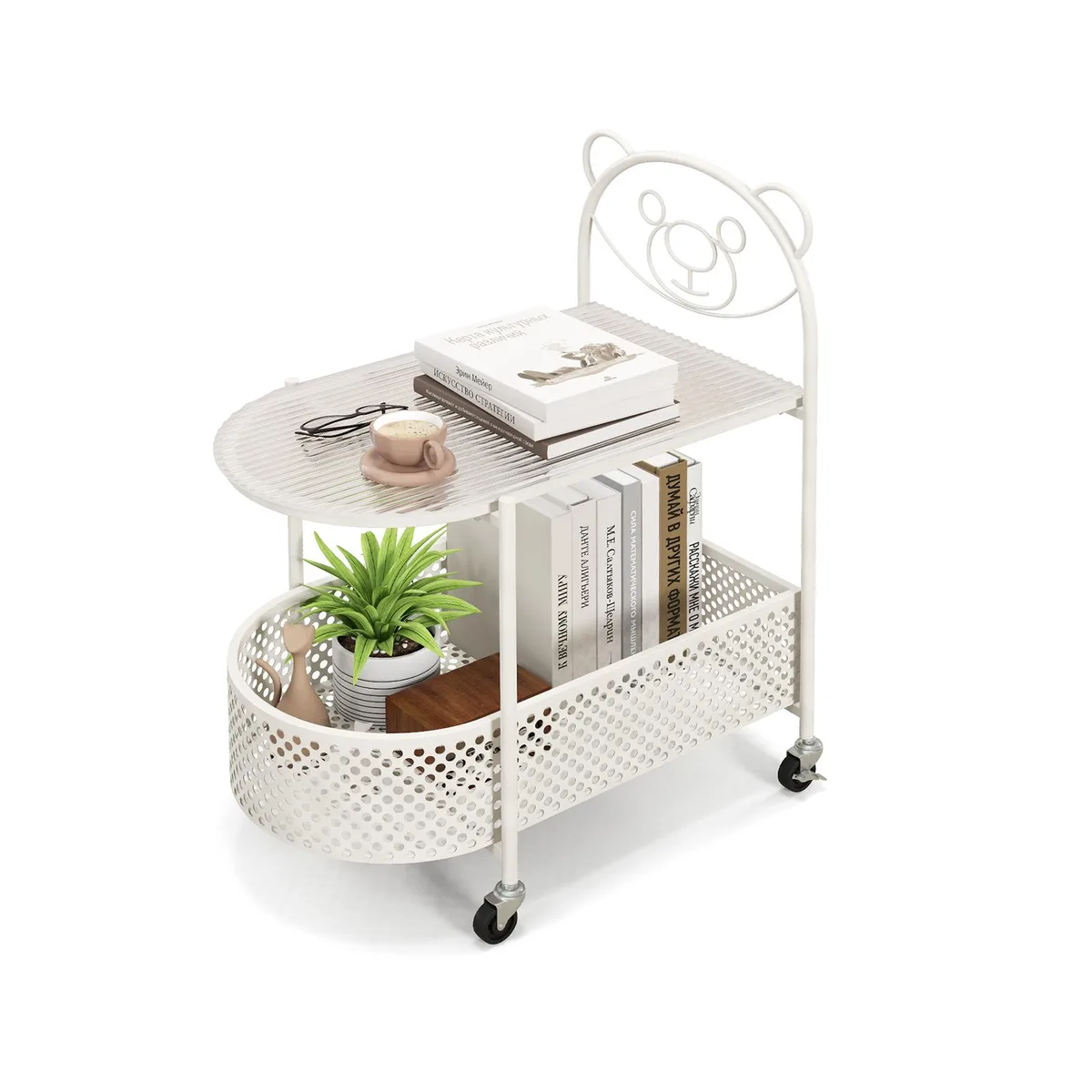 SlickBlue SlickBlue 2-Tier Mobile Glass Coffee Table Bear Pattern White 24 x 16 x 30in — product photo