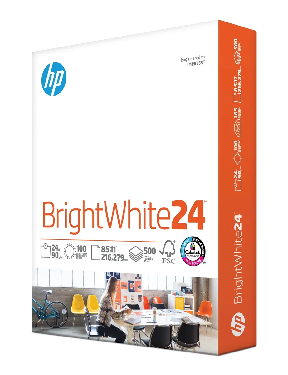 A white ream of 500 matte-finish sheets, 8.5 by 11 inches, 24 lb weight