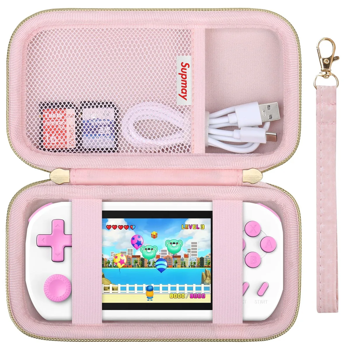Pink EVA travel case with double zipper, mesh pocket and elastic straps