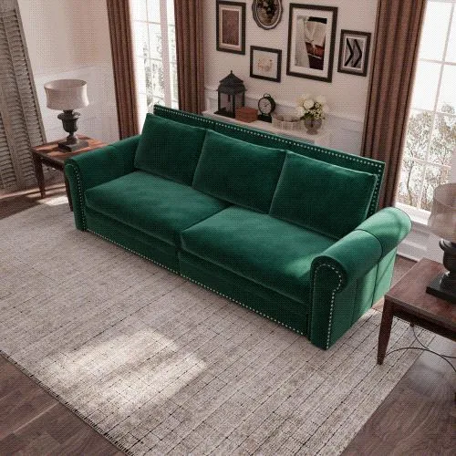 Green velvet Chesterfield pull-out sofa bed with nailhead trim and rolled arms