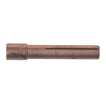 Five small brass collets with tapered cylindrical bodies and slotted tips for 0.125 inch electrodes