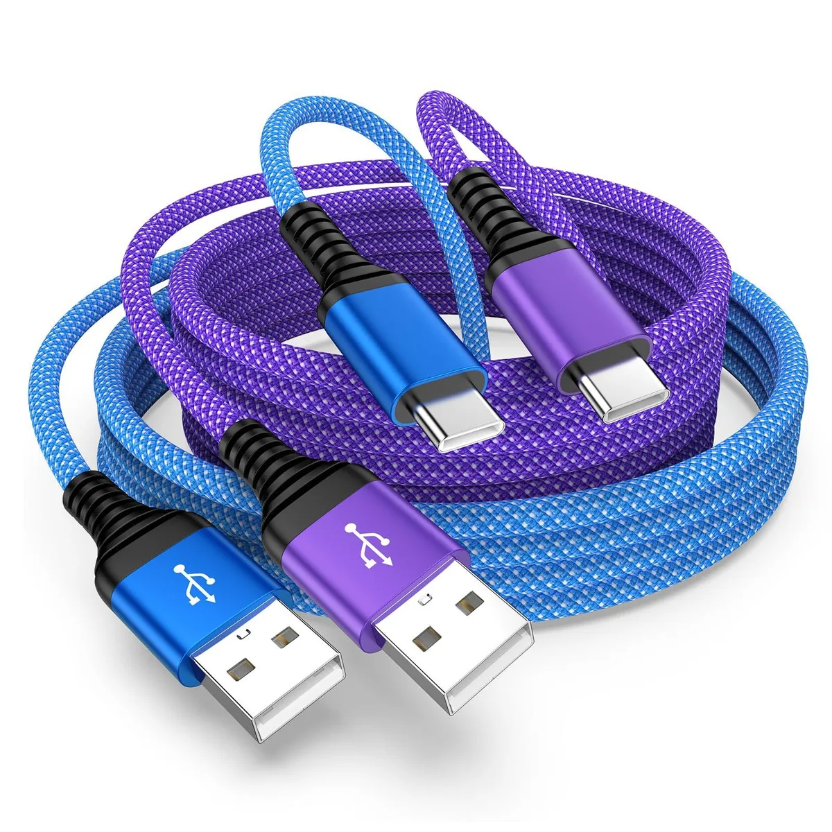 Two braided USB-A to USB-C cables, one blue one purple, three feet long