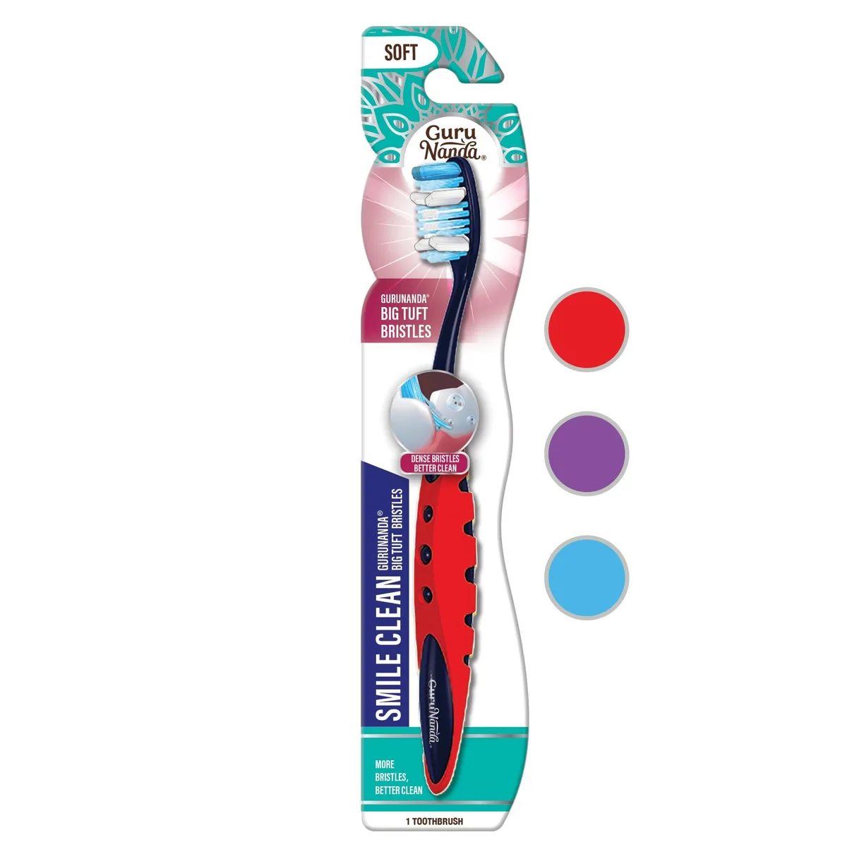 GuruNanda Smile Clean manual toothbrush with soft bristles and rubberised handle in assorted colours