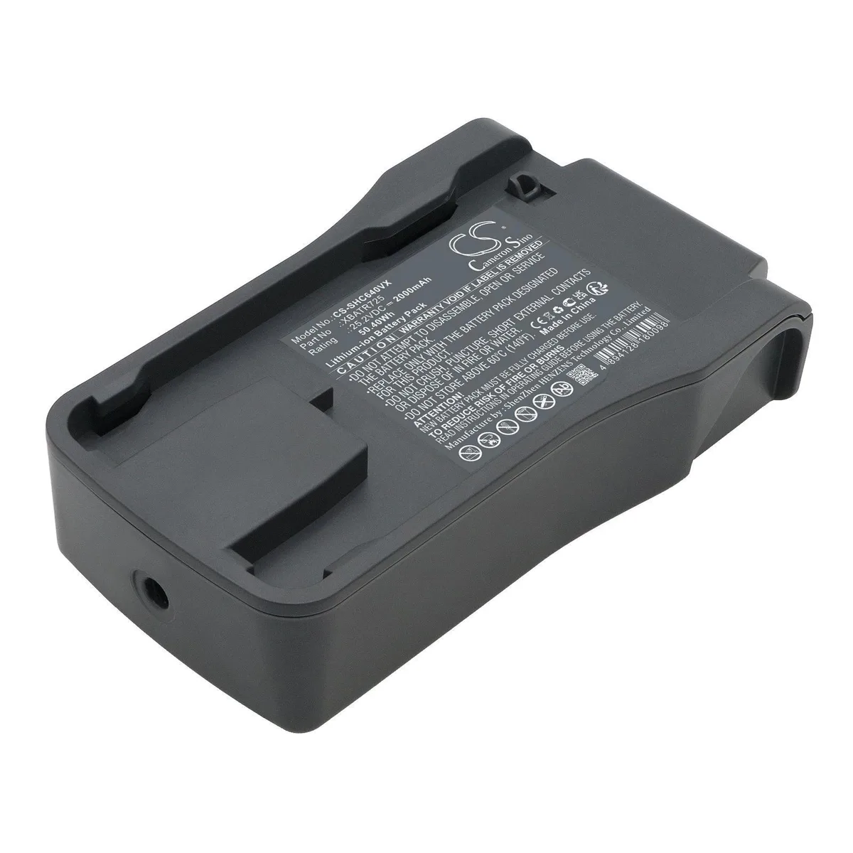 Rectangular black replacement battery pack with label