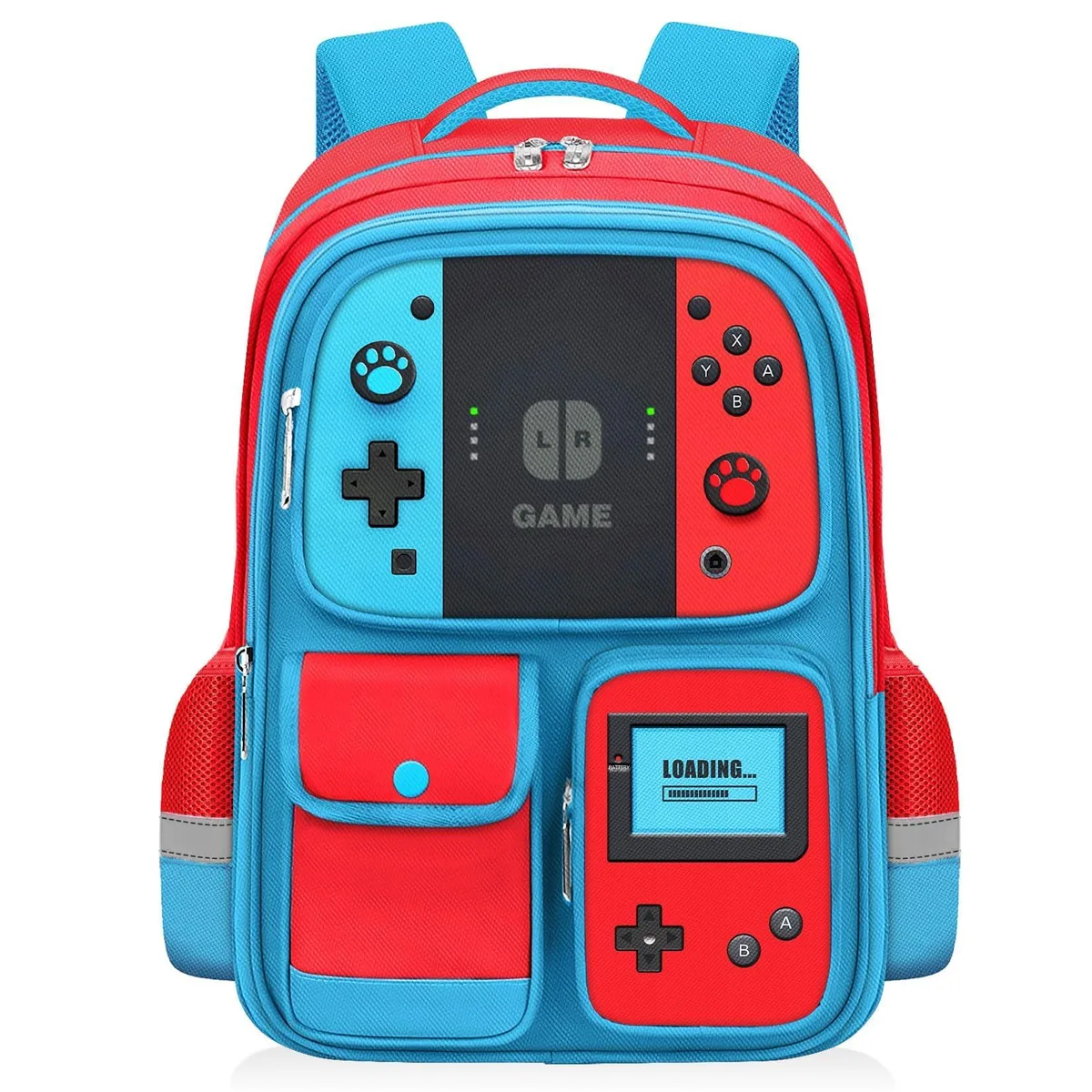 Red and blue polyester school backpack with padded straps and mesh back panel