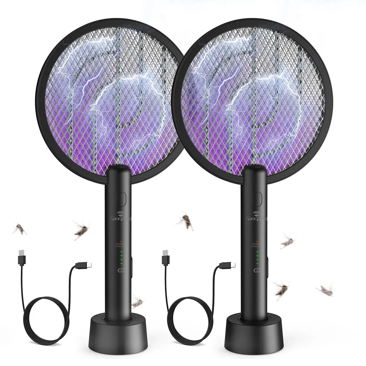 Two yellow plastic electric fly swatters with mesh heads and USB-C charging ports