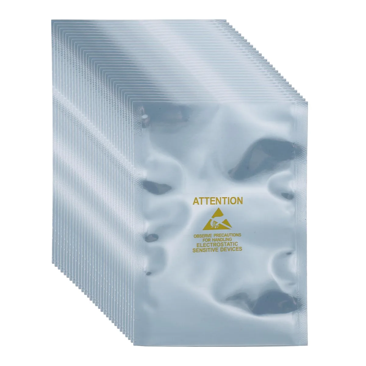 Pack of 100 silver-grey anti-static bags, 3.5 by 5.1 inches, open top with yellow labels