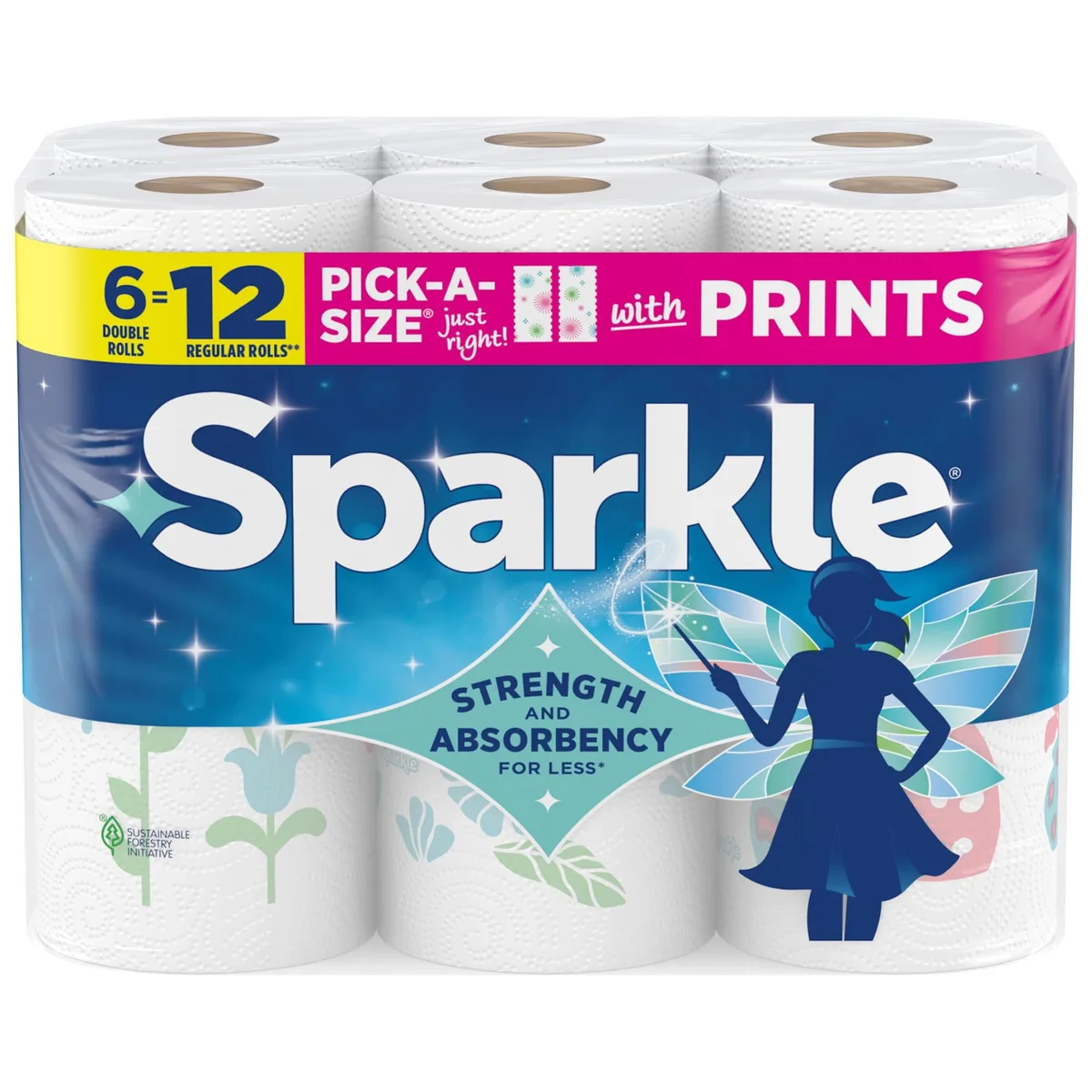 Six double rolls of white 2-ply paper towels with printed design