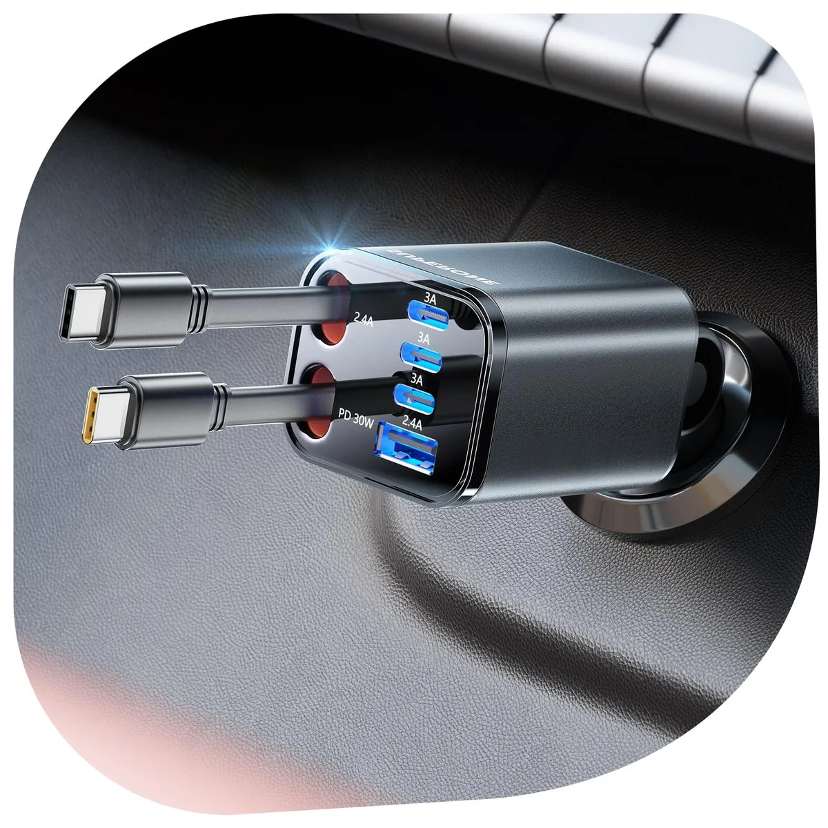 Compact car charger with two retractable USB-C cables and four extra ports, matte black finish