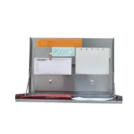 Wall-mounted folding desk in stainless steel, closed depth three inches, two storage pockets with clips, drilled for mounting