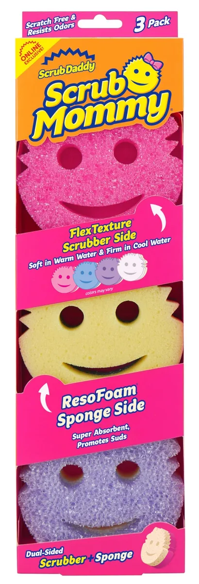 Three yellow smiley-face sponges with dual-sided texture in clear packaging
