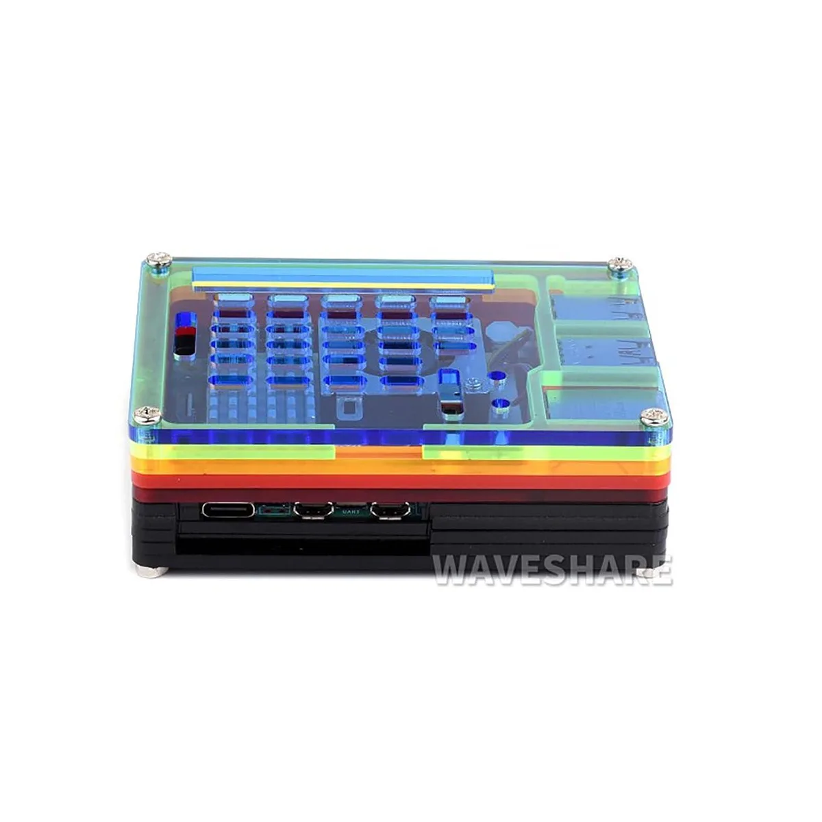Translucent rainbow acrylic case for Raspberry Pi 5 with precise cutouts and active cooler support