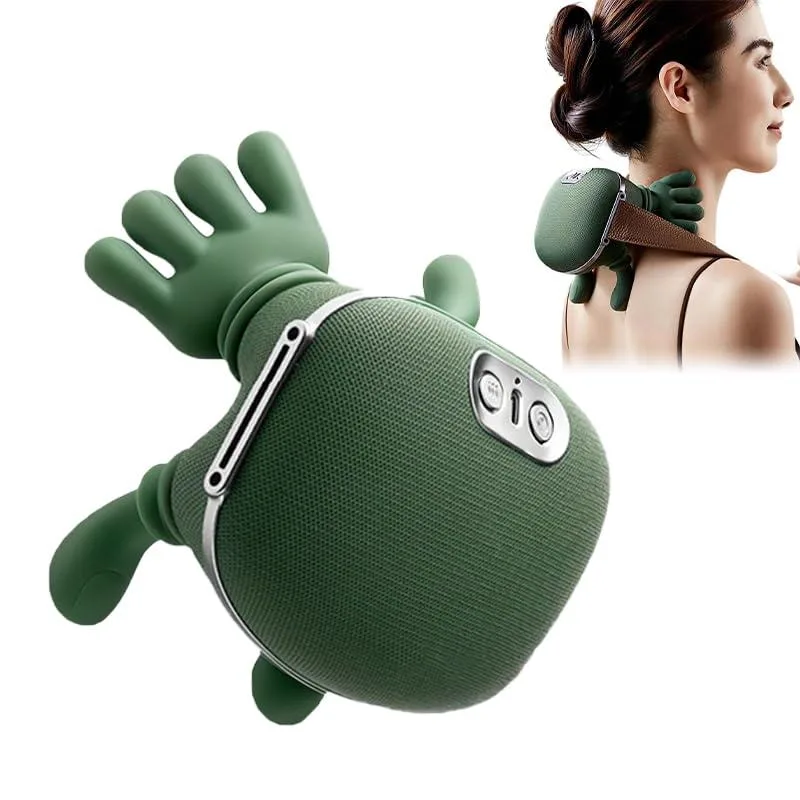 Green wrap-around neck massager with adjustable strap, bionic curved shape, 1.67 lb