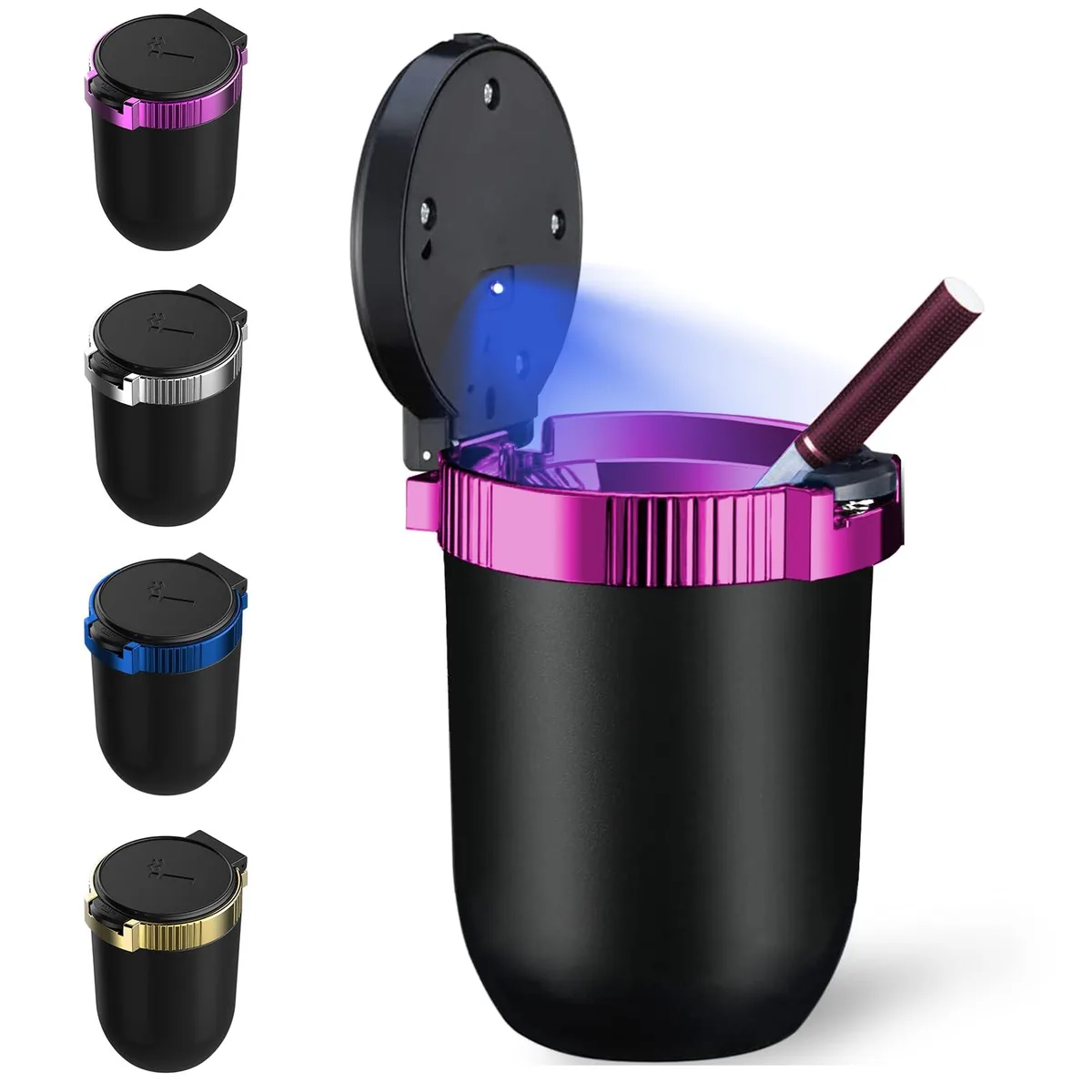 Purple cylindrical car ashtray with LED light and push-button lid