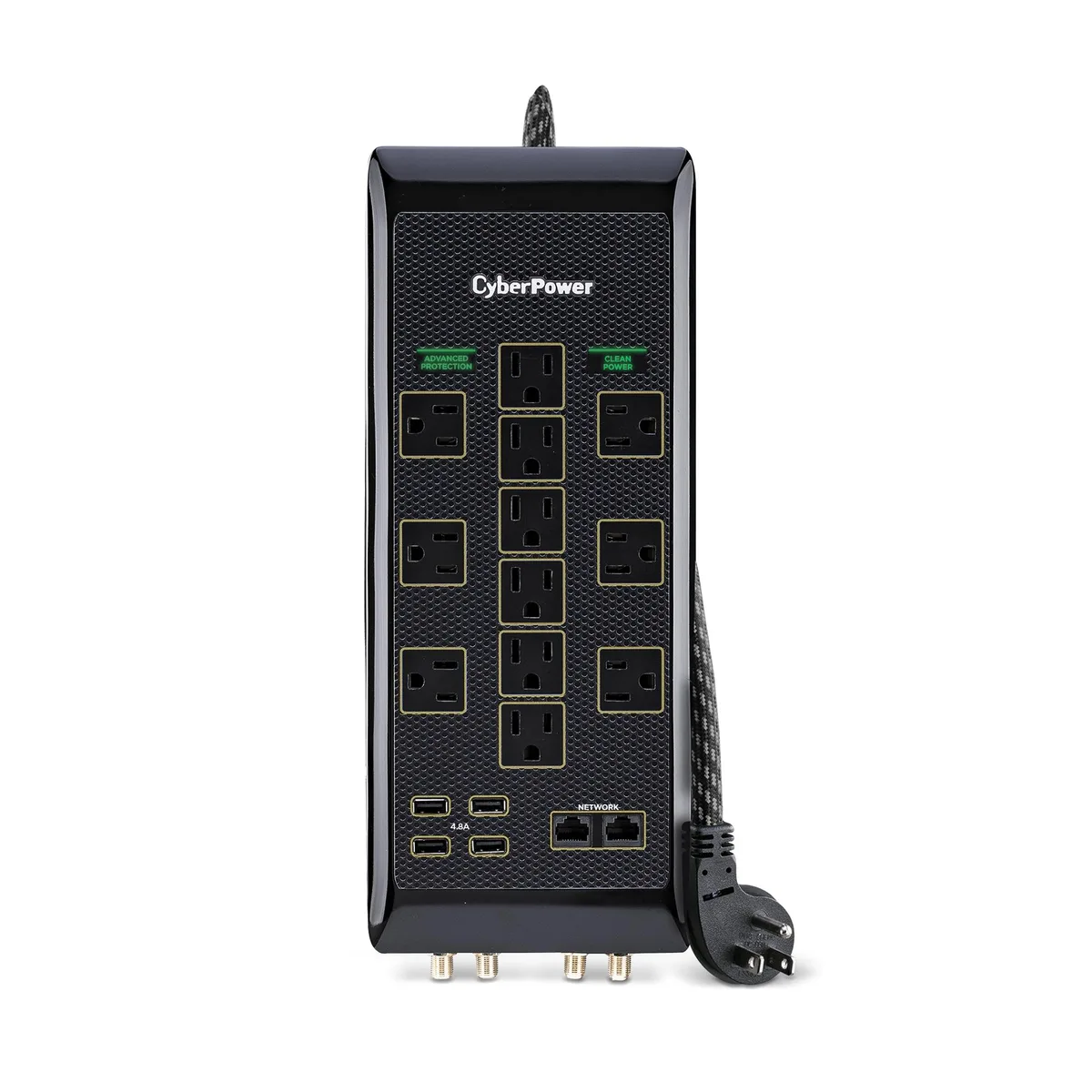 White rectangular surge protector with twelve outlets and right-angle plug