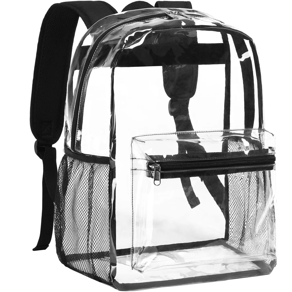 Medium-size beige transparent PVC backpack with zip front and mesh side pockets