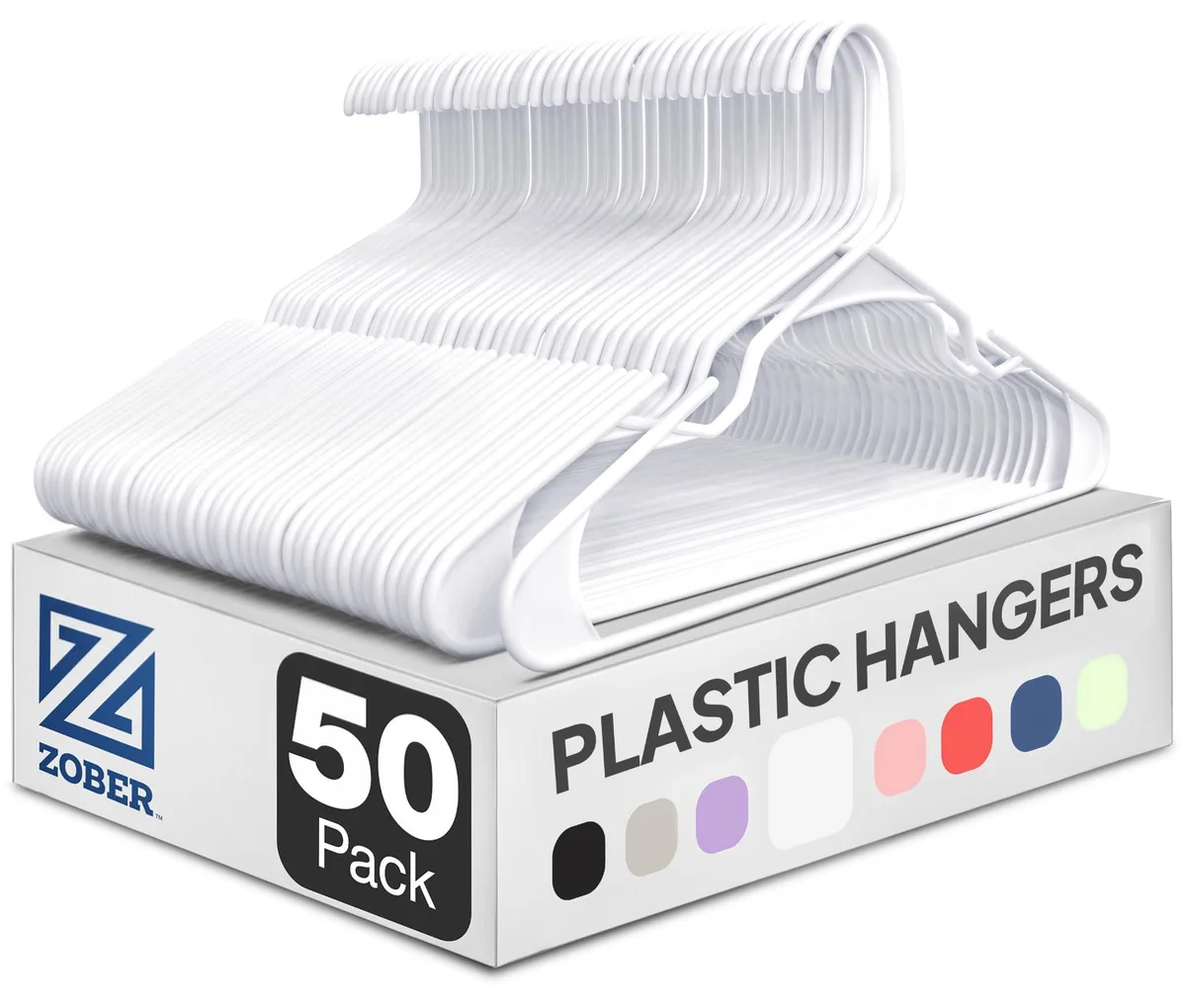 Fifty white plastic clothes hangers stacked together