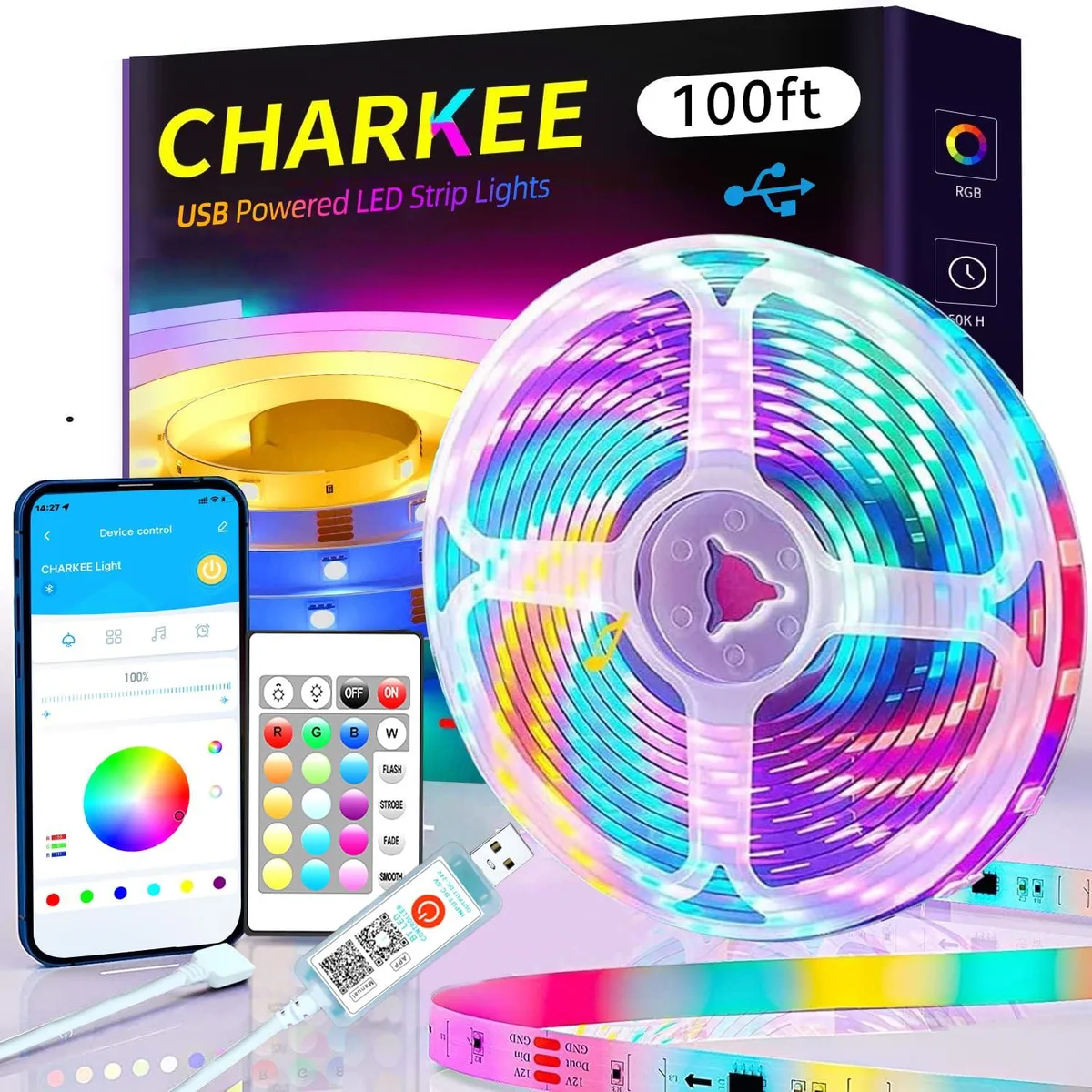 Coiled 100ft USB LED strip on reel, plastic housing, 150 LEDs, blue wire, red LEDs