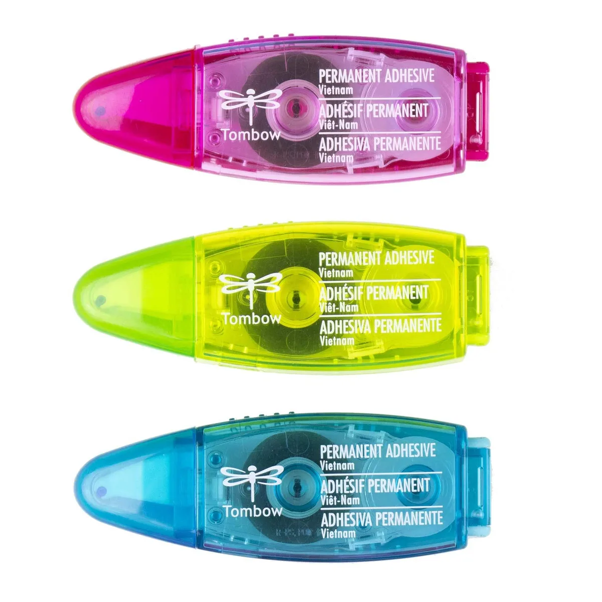 Three compact glue tape applicators in multi colours, each 276 inches long