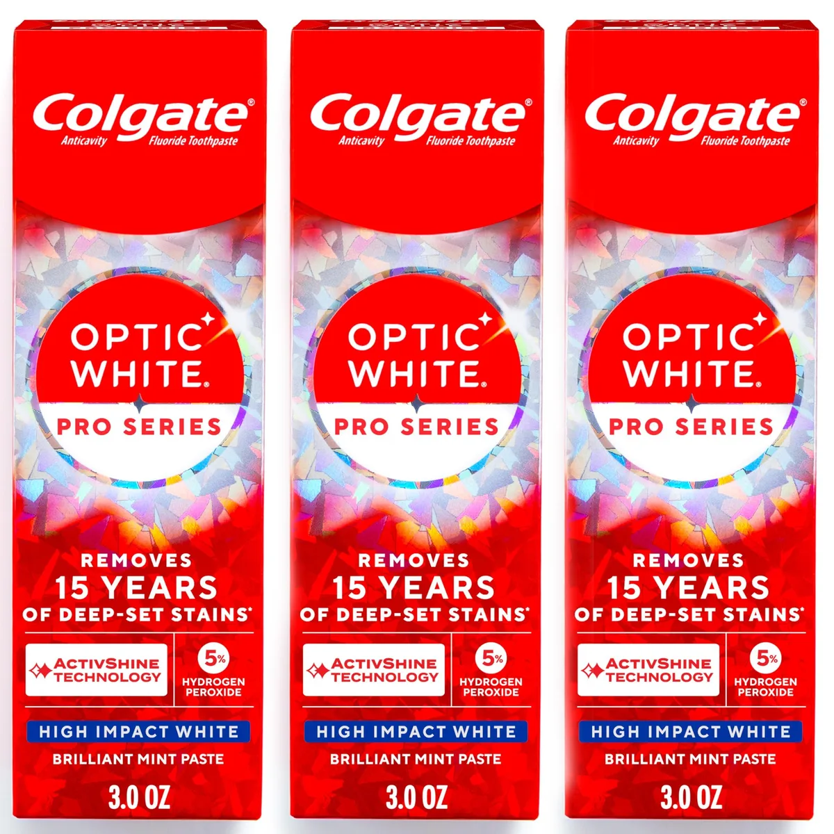 Three white toothpaste tubes in a row, 3.0 oz each, Colgate Optic White Pro Series packaging