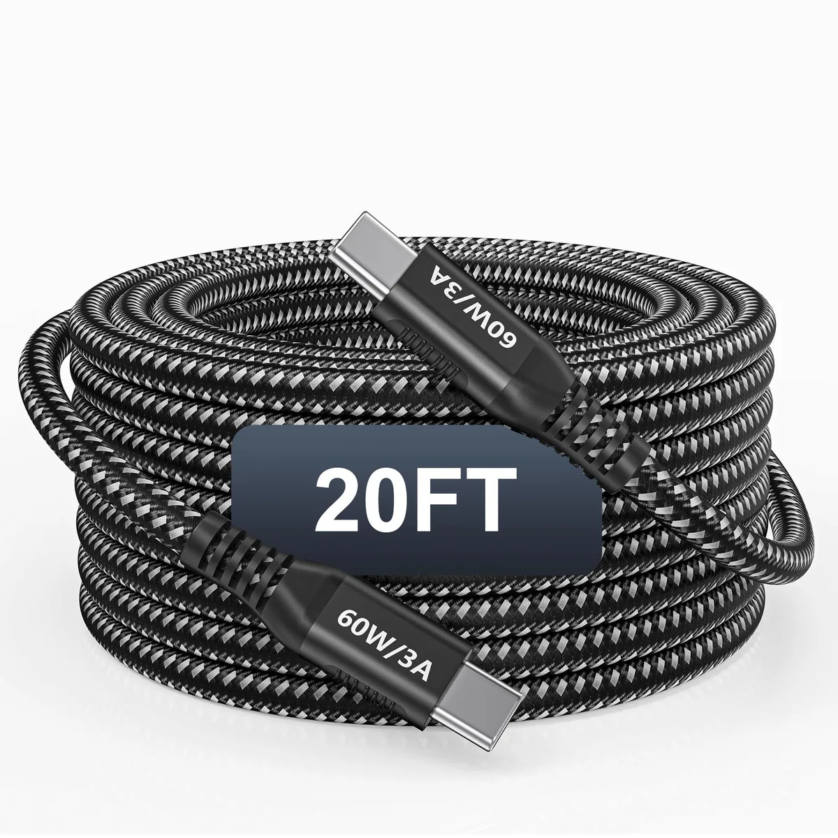  Bawanfa USB-C to USB-C Braided Cable 20FT 60W USB 2.0 480Mbps Black — product photo