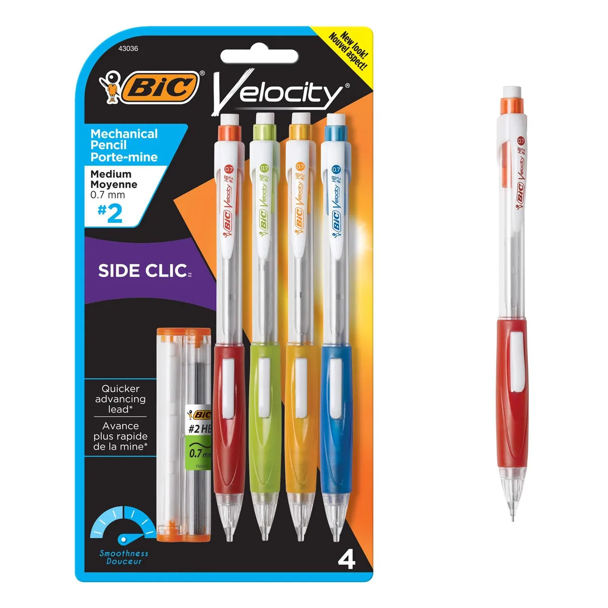 Four black plastic mechanical pencils with side-click advance and soft grips