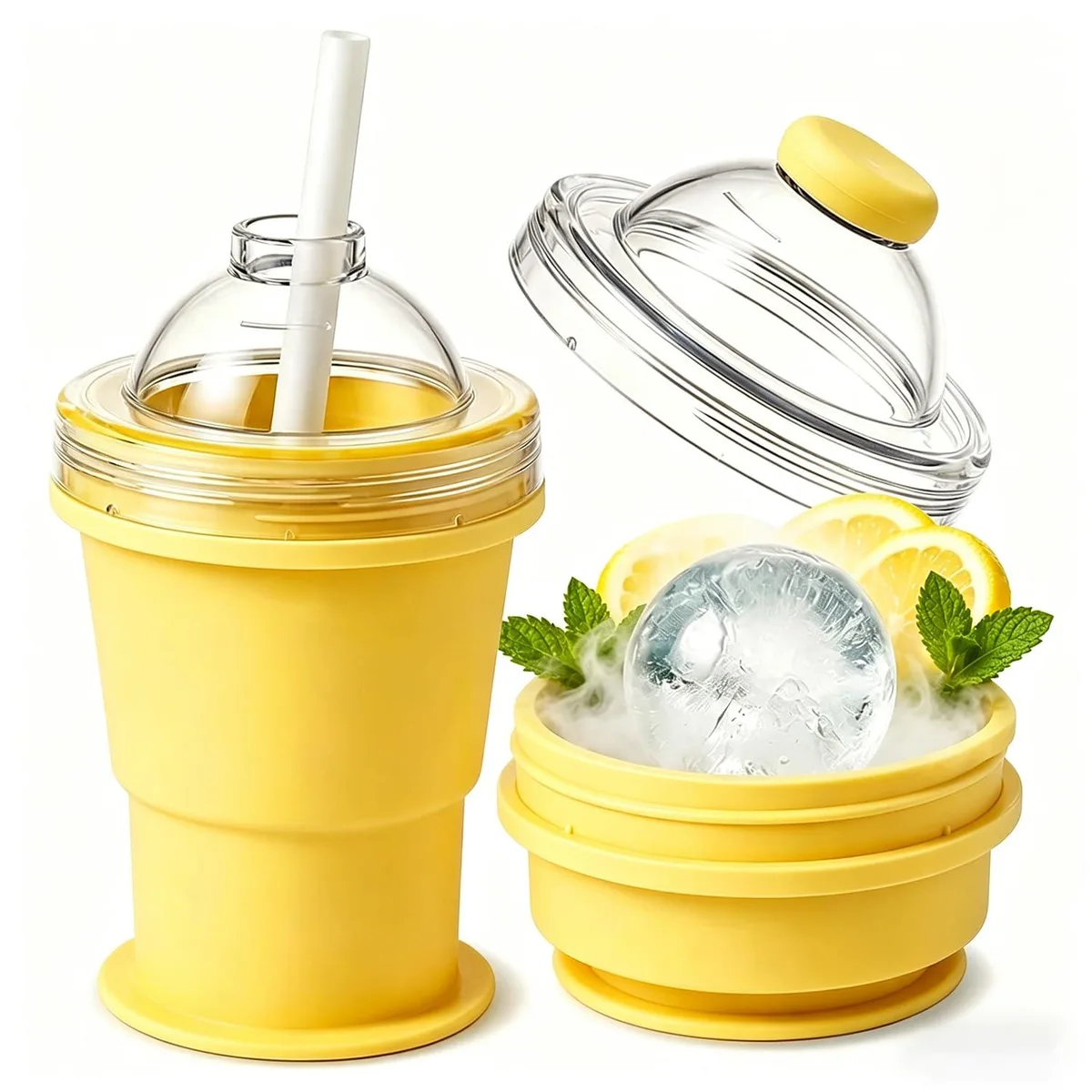 Yellow collapsible silicone cup with transparent dome lid and straw, folded compact