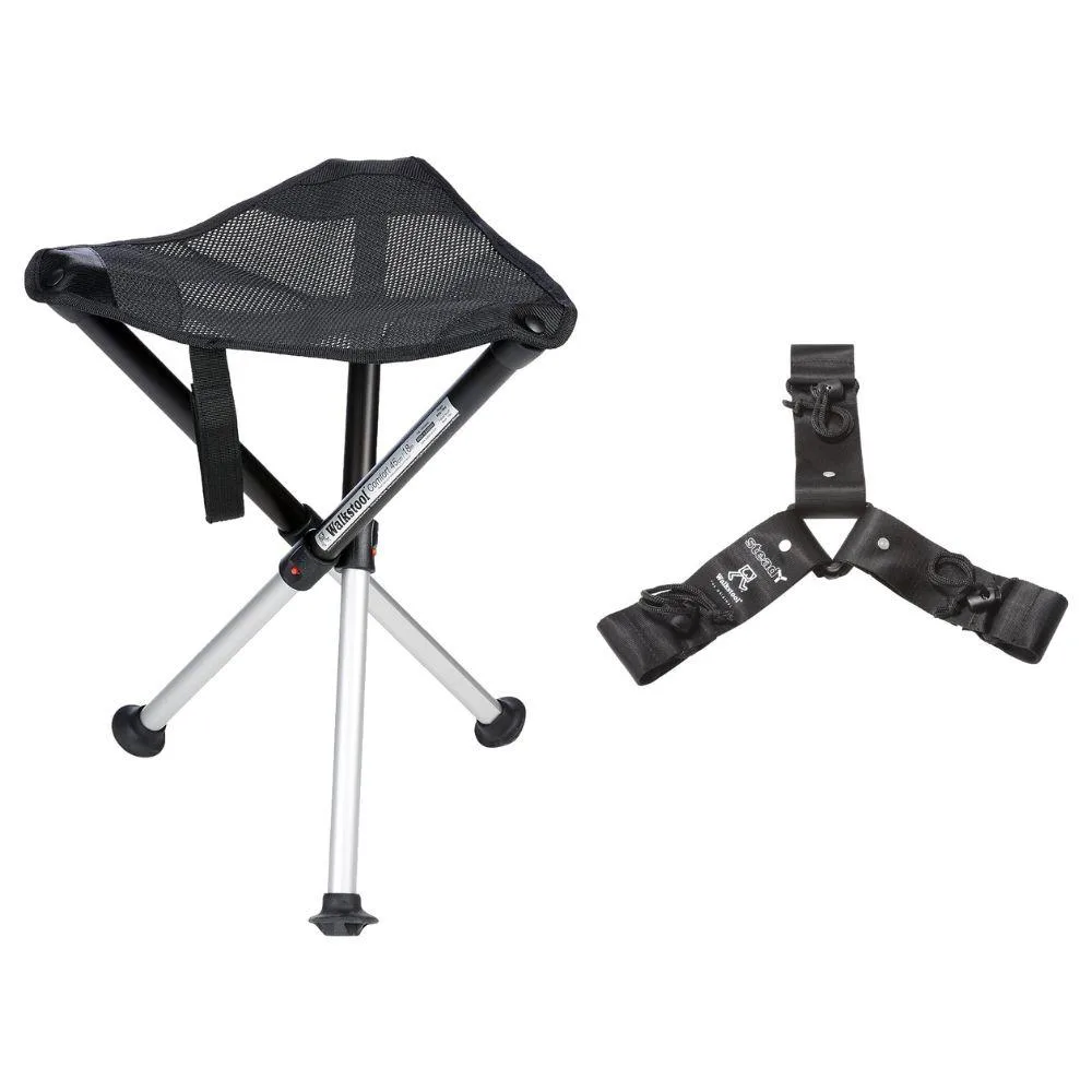 Black three-legged stool with telescopic legs and reinforcement strap, collapsed to 14 inches
