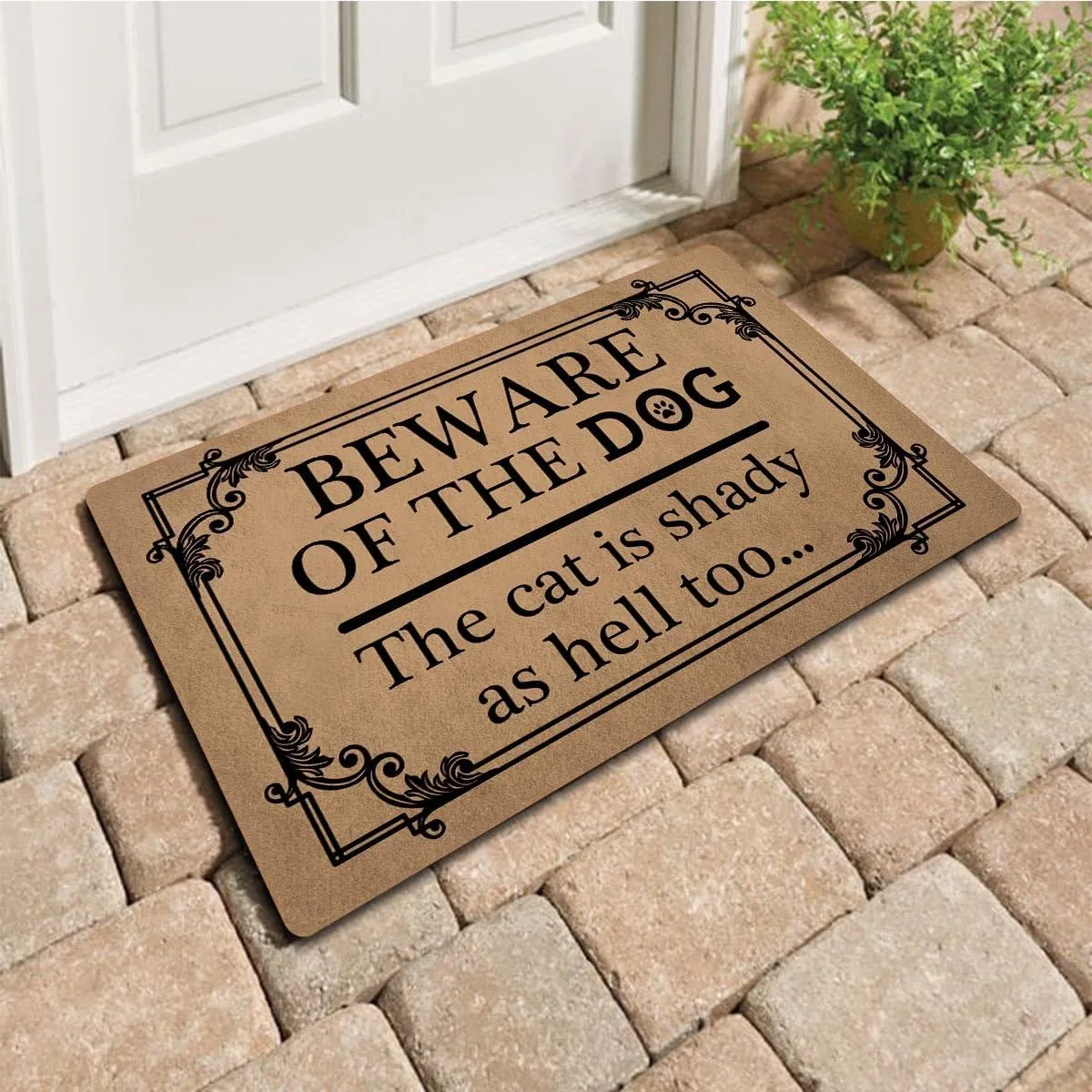 Rectangular rubber door mat with printed text design, shell colour, 30 by 18 inches