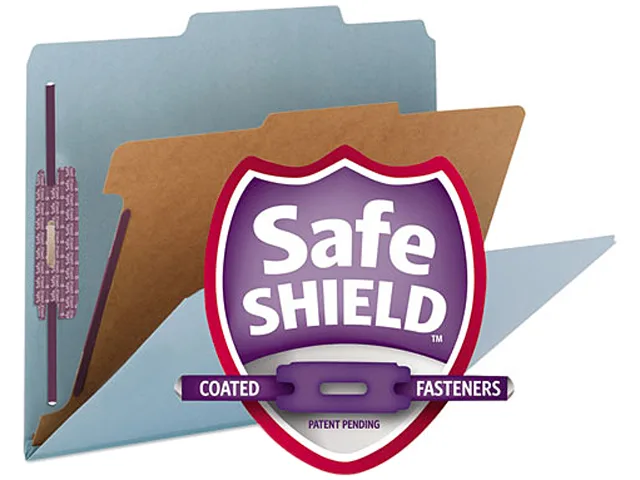 Blue pressboard classification folder with four sections and silver fasteners, box of ten