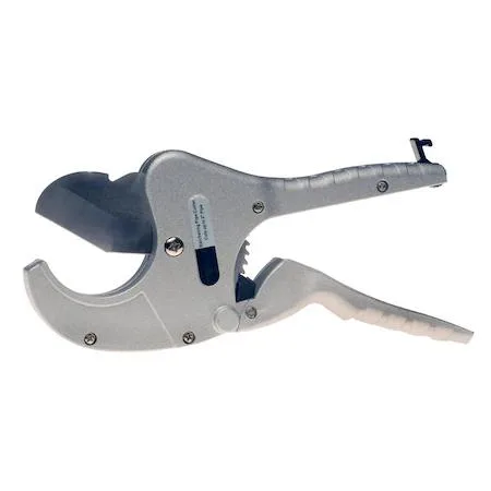Ratcheting PVC pipe cutter with black handles and silver blade