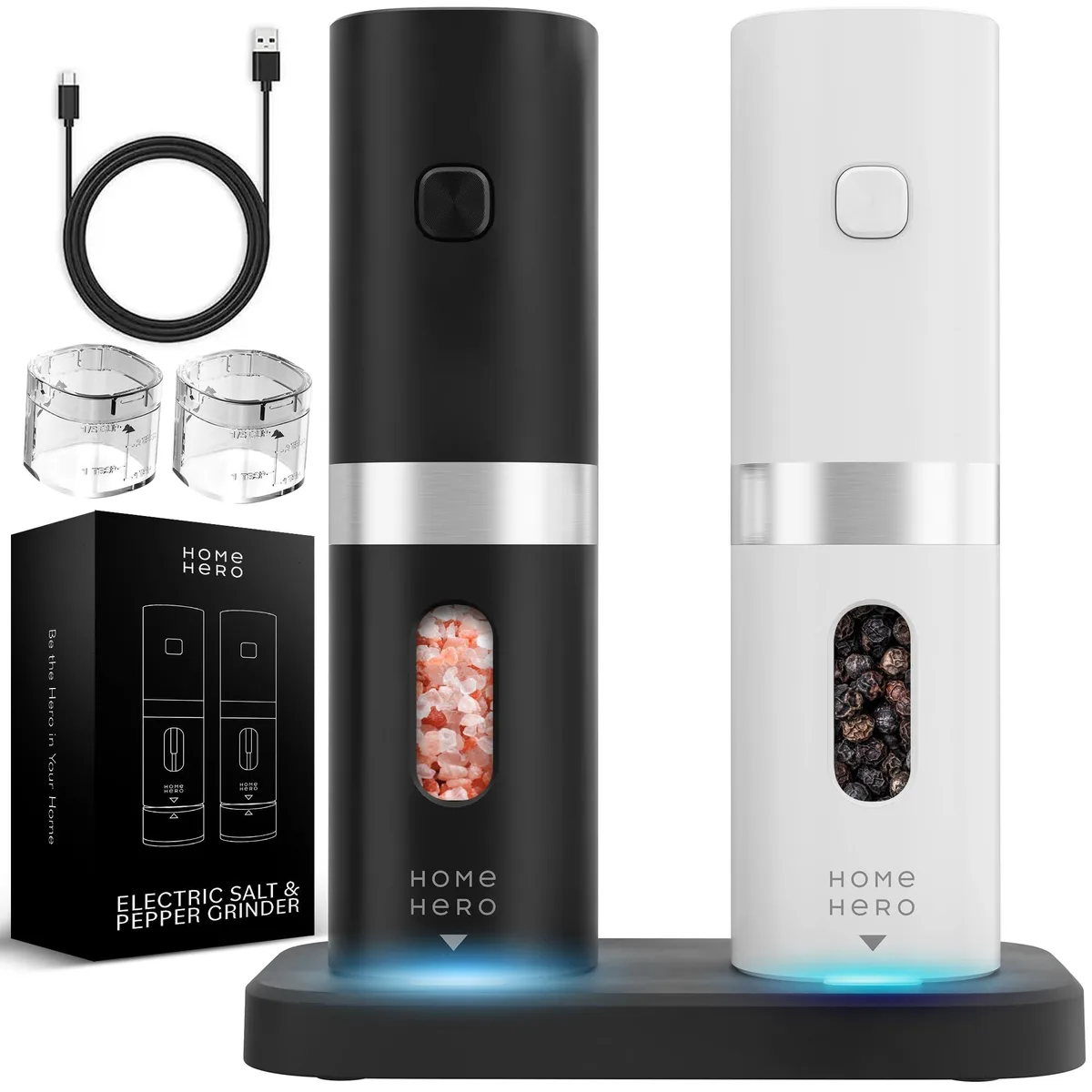 Two brown glass electric grinders on a charging stand