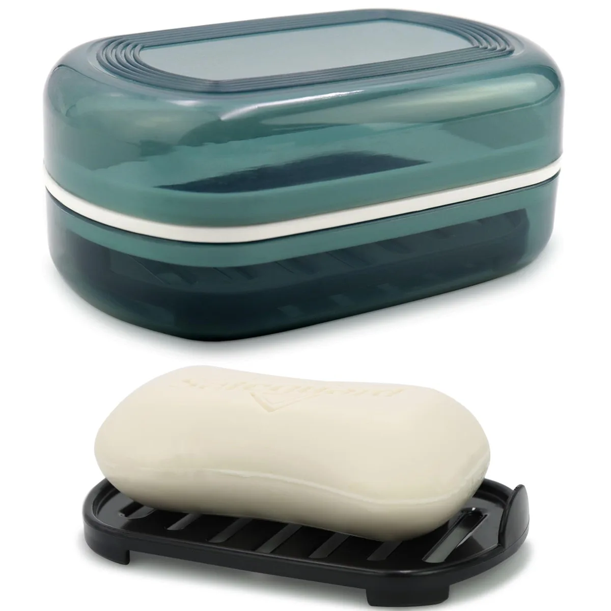 Blue rectangular soap case with translucent lid and drain tray, 4.7 by 3.1 by 2 inches