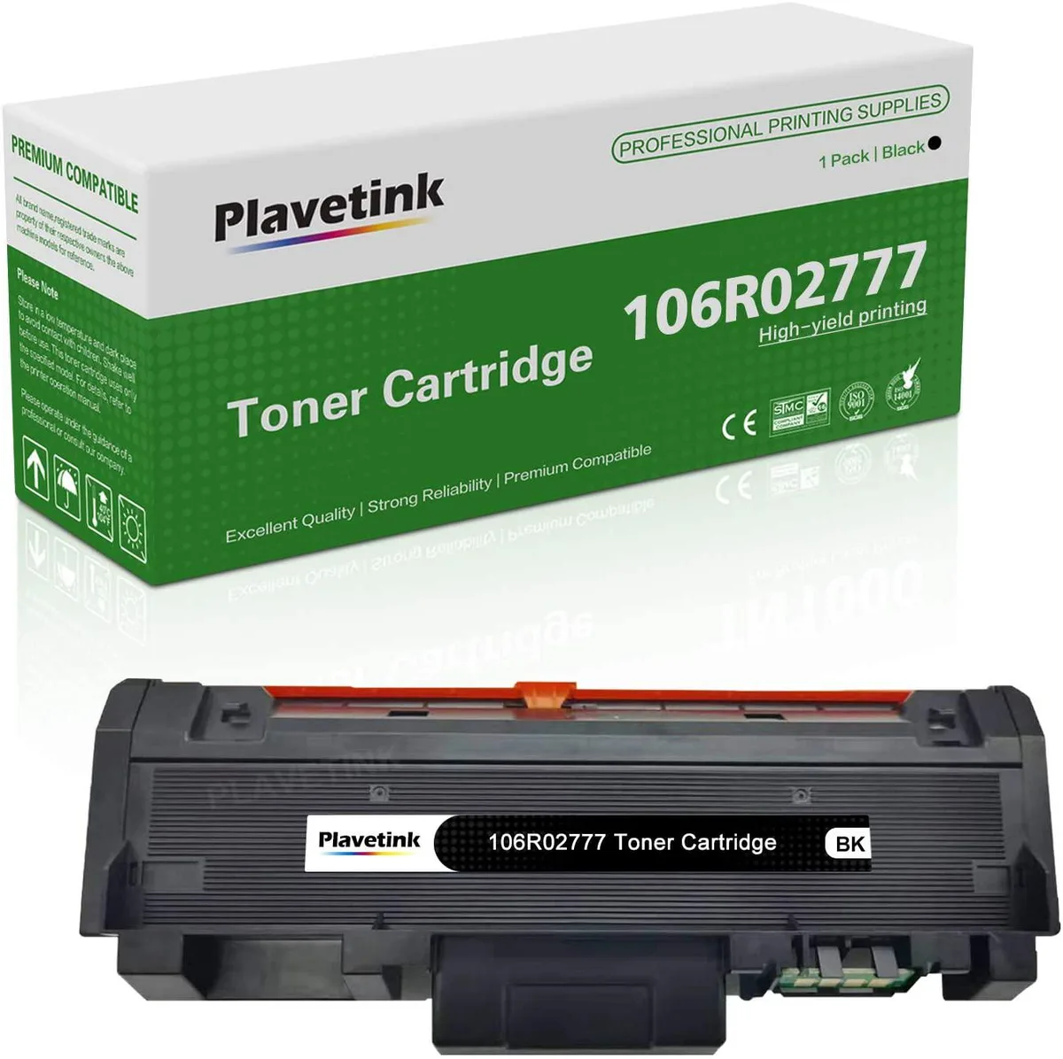 Black rectangular toner cartridge with smooth matte finish and green chip visible